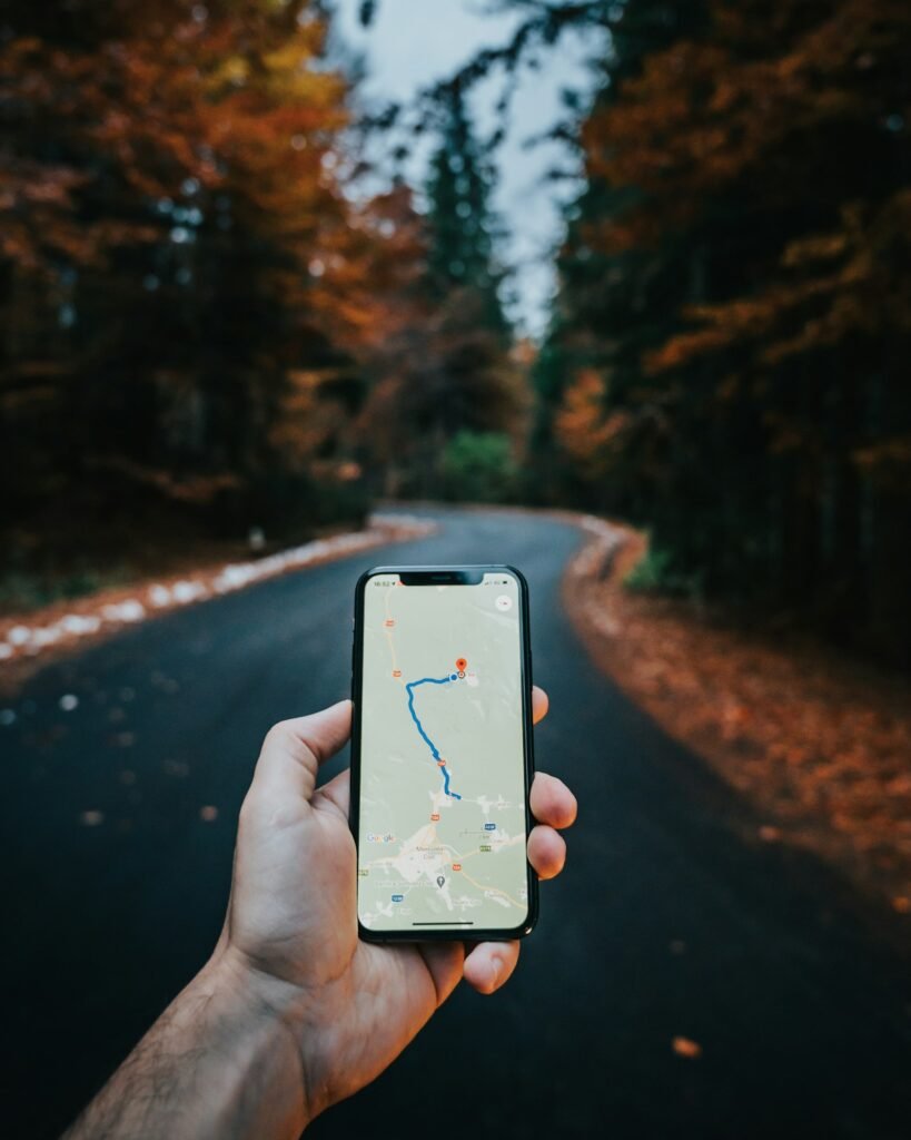 A hand holding a smartphone displaying a navigation map on a forest ro
